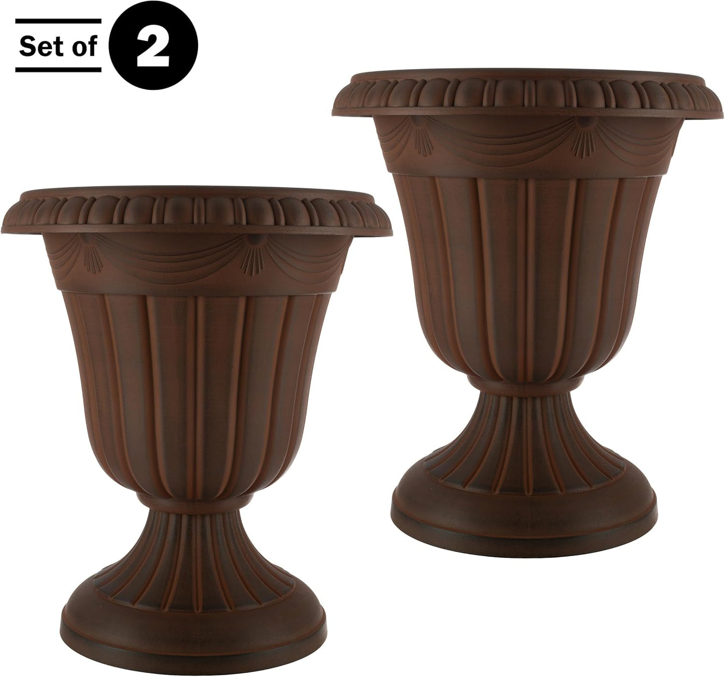 Pure Garden Outdoor Planter 2-Pack - 16x18-Inch Urn Planters - Plastic Plant Pots for Indoor, Outdoor, or Front Porch Decor - Flower Pots (Brown)
