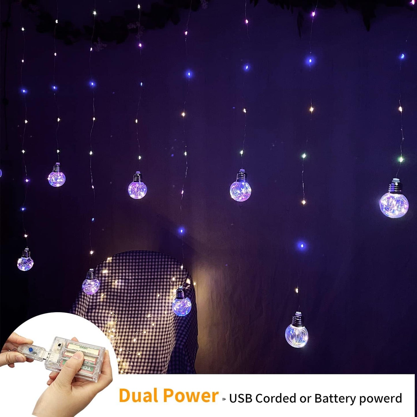 YOLIGHT Wishing Ball Curtain Lights 200 LED Window Curtain String Light with Remote, USB Battery Powered Twinkle Globe Fairy Lights for Wedding Party Bedroom Christmas Decoration (Multi-Colored)