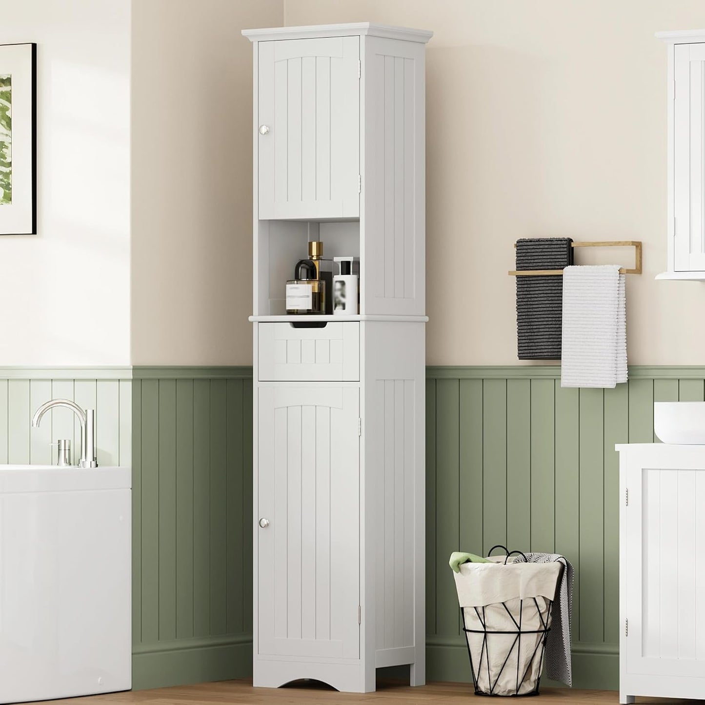 ChooChoo 67" Tall Bathroom Storage Cabinet Freestanding with Adjustable Shelves, Narrow Storage Linen Cabinet with 2 Doors and 1 Drawers for Bathroom, Living Room, Kitchen, White