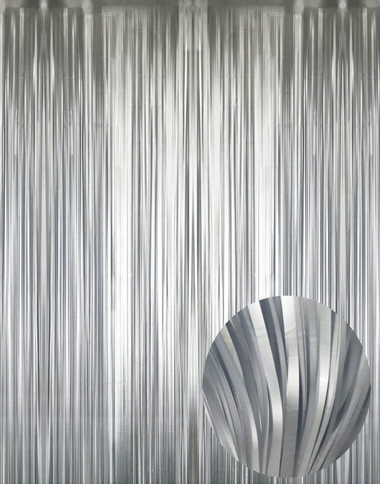 GOER 6.4 ft x 8.2 ft Metallic Tinsel Foil Fringe Curtains,Pack of 2 Party Streamer Backdrop for Birthday,Graduation Decorations and New Year Eve (Matte Silver,Thick Material)