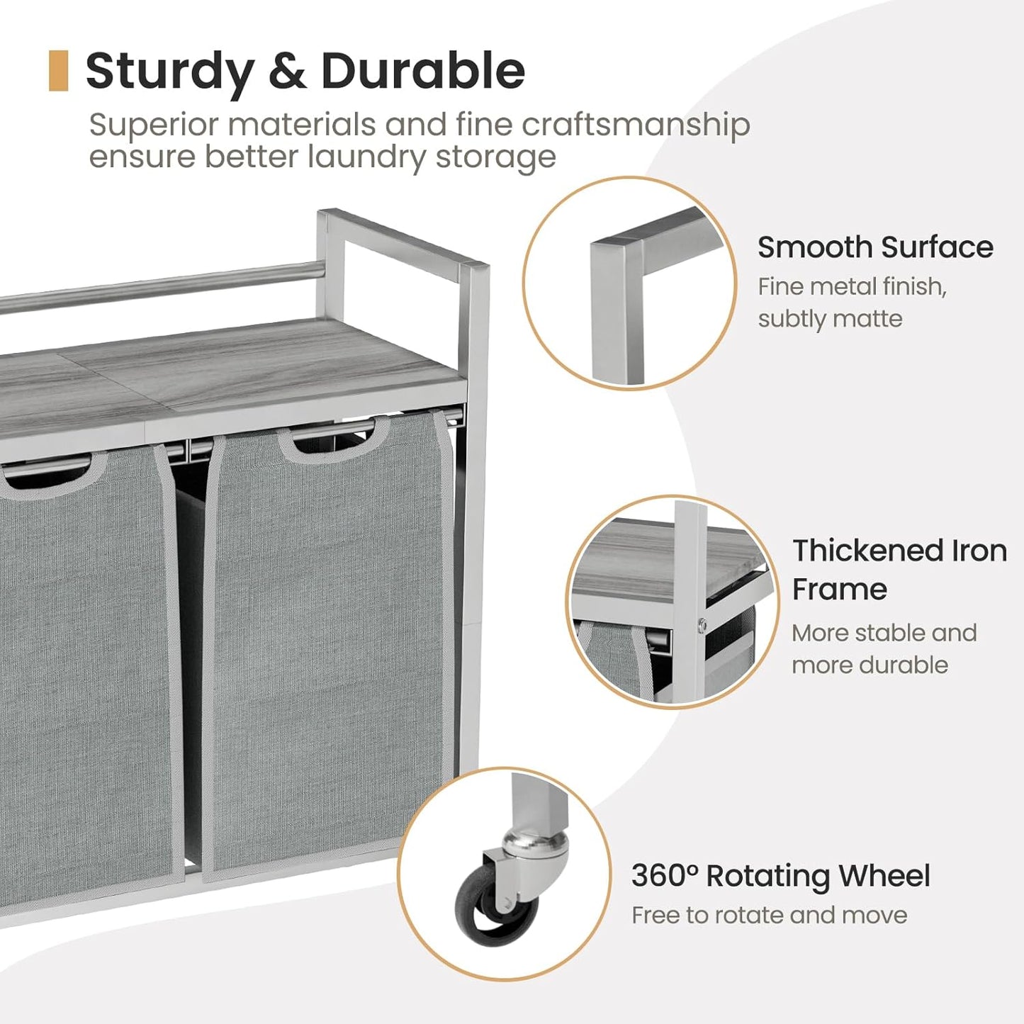 Laundry Hamper, Laundry Basket, Laundry Sorter with 3 Removable Bags, Clothes Basket with 3 Compartments, Wheels, Shelf for Laundry Room Bathroom Bedroom (2 Bags-Gray)