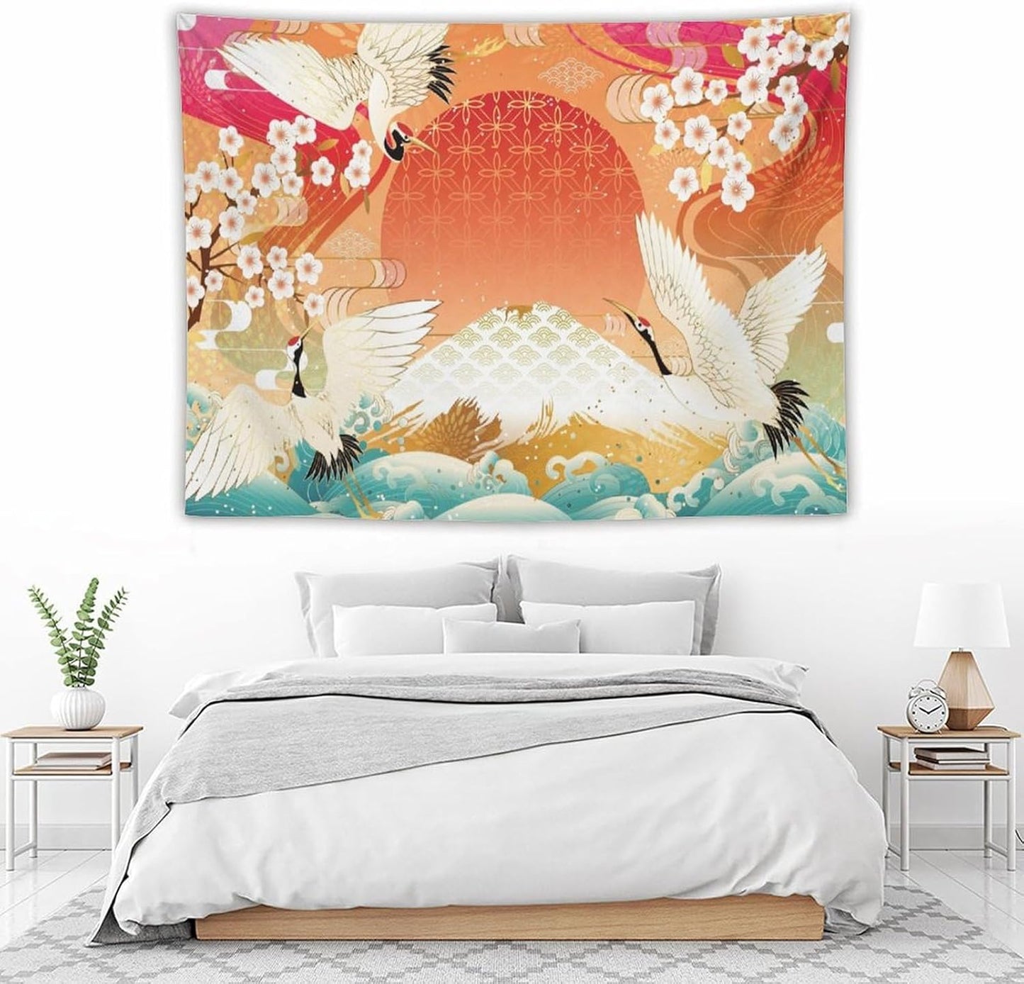 HZOHNAGO Japanese Tapestry Cherry Blossom Crane Sea Wave Fuji Mountain Red Sun Pattern Printed Wall Tapestry Painting Wall Hanging for Bedroom Living Room Dorm 80" W x 60" H