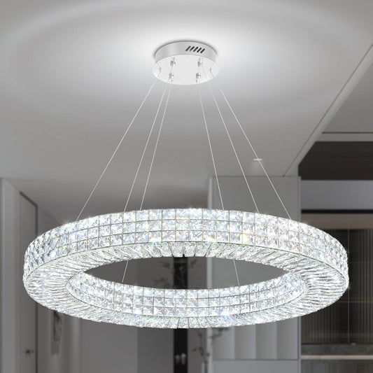 Dia 32" Ring Crystal Chandelier Modern Silver Ring Chandelier Adjustable Height Luxury Crystal Pendant Ceiling Light Fixture for Dining Living Room Bedroom