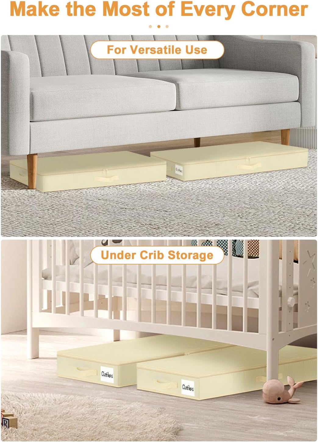 punemi 4.5 Inch Tall Low Profile Under Bed Storage Containers Bins, 2Pcs Shallow Flat Underbed Clothes Storage With Sturdy Structure Support, Under Couch & Sofa Storage For College Dorm Room, Beige