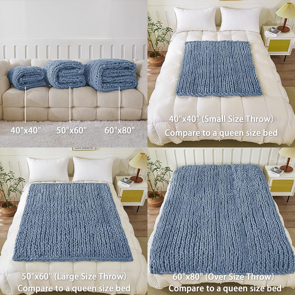 WESHIONGOO Chunky Knit Blanket Throw 40"×40" Knitted Throw Blankets for Couch Bed Fluffy Soft Blanket with Jumbo Chenille Yarn Thick 100% Handmade (Dusty Blue)