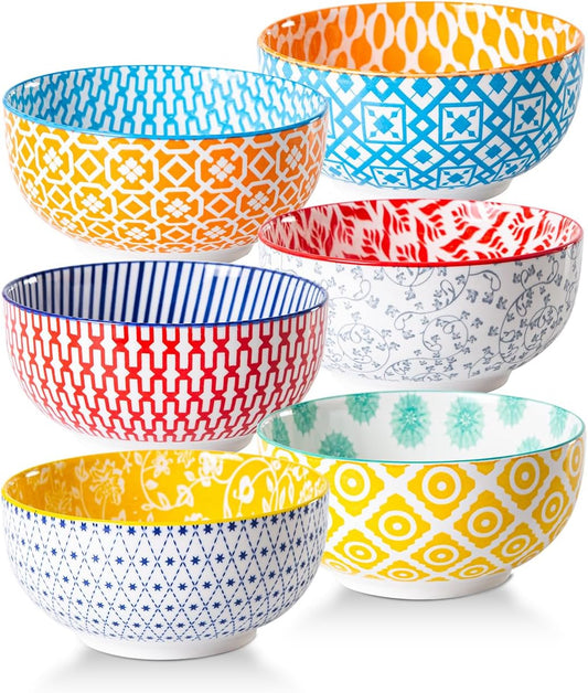 Ceramic Soup Bowls Set - 23 Oz Deep Cereal Bowl for kitchen - 6 Inch Porcelain Salad Bowl for Pasta, Dessert, Ramen - Microwave Dishwasher Safe - Set of 6 - Assorted Colors