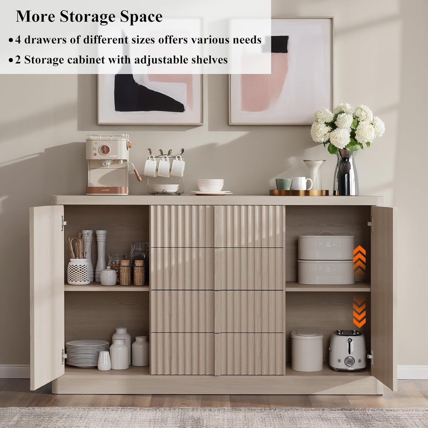 Buffet Cabinet with Storage, 60" Fluted Coffee Bar Cabinet with 4 Drawers & 2 Doors, Solid Wood Handle, Credenza Accent Storage Cabinet for Kitchen Living Dining Room, Natural Oak(1PCS)