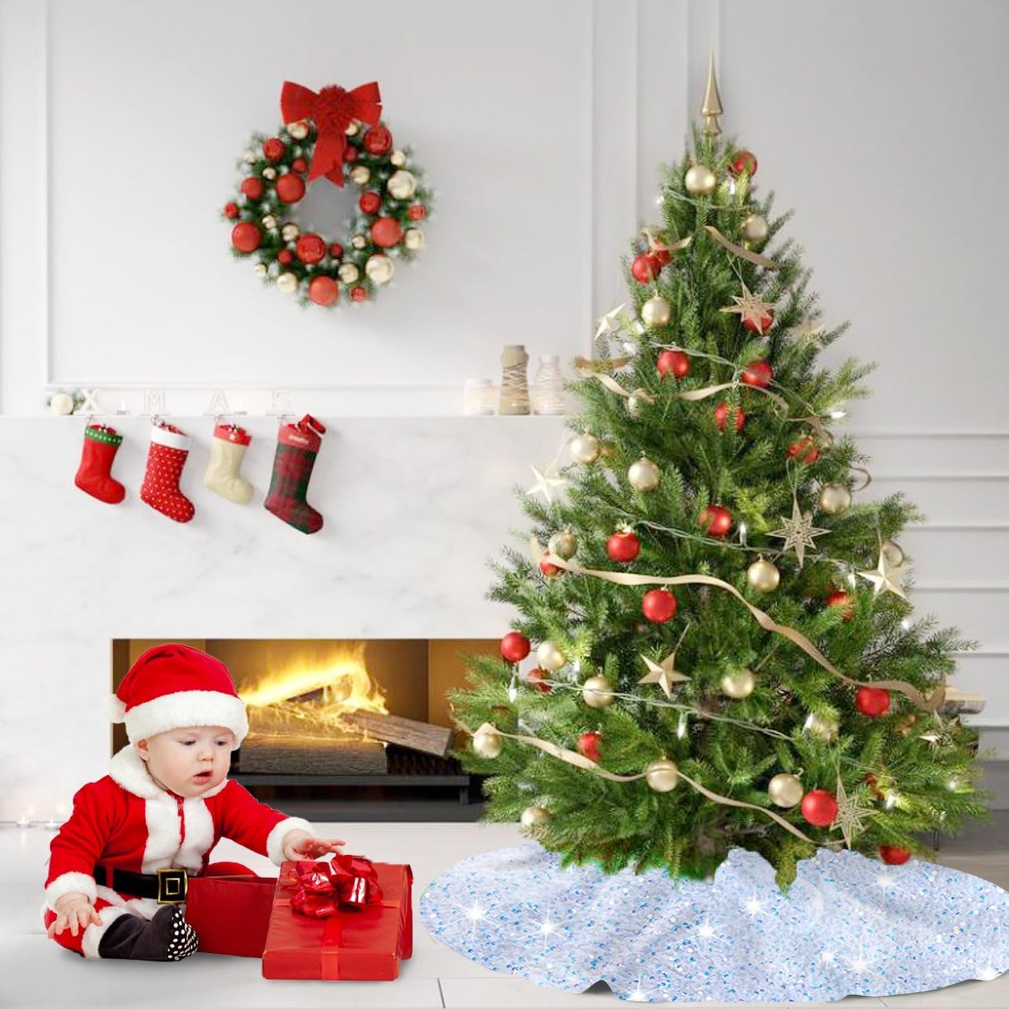 MODFUNS Christmas Tree Skirt Iridescent White Sequin Xmas Tree Skirt 36 Inch Glitter Velvet Tree Skirt Mat Shimmer Christmas Tree Floor Skirt Shiny Tree Collar for New Year Xmas Tree Decoration