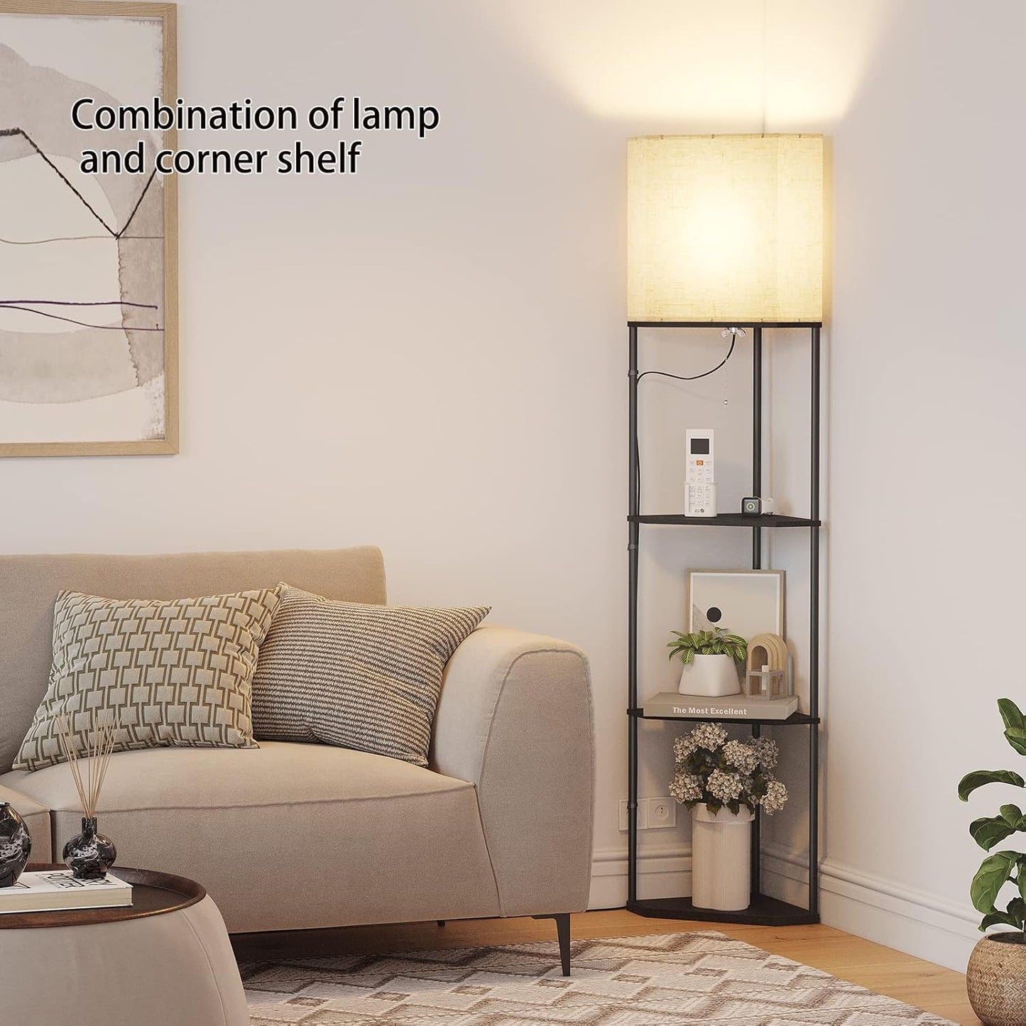 SUNMORY Sector Corner Shelf Lamp 3 Color Temperatures LED Bulb,Corner Lamps with Linen Lampshade, Floor Lamps for Living Room, Bedroom, Study, Black Standing Lamp with Shelves