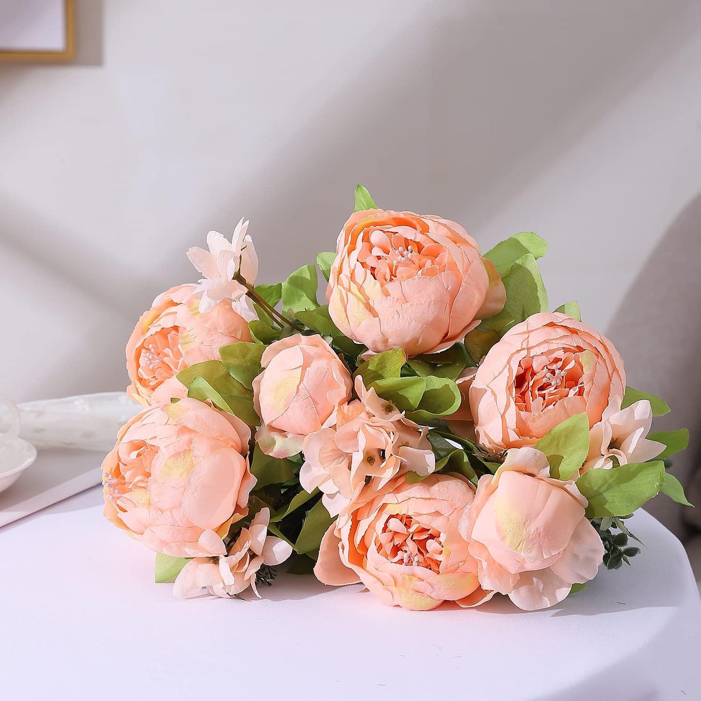 Duovlo Springs Flowers Artificial Silk Peony Bouquets Wedding Home Decoration,Pack of 1 (Spring Orange-Pink)
