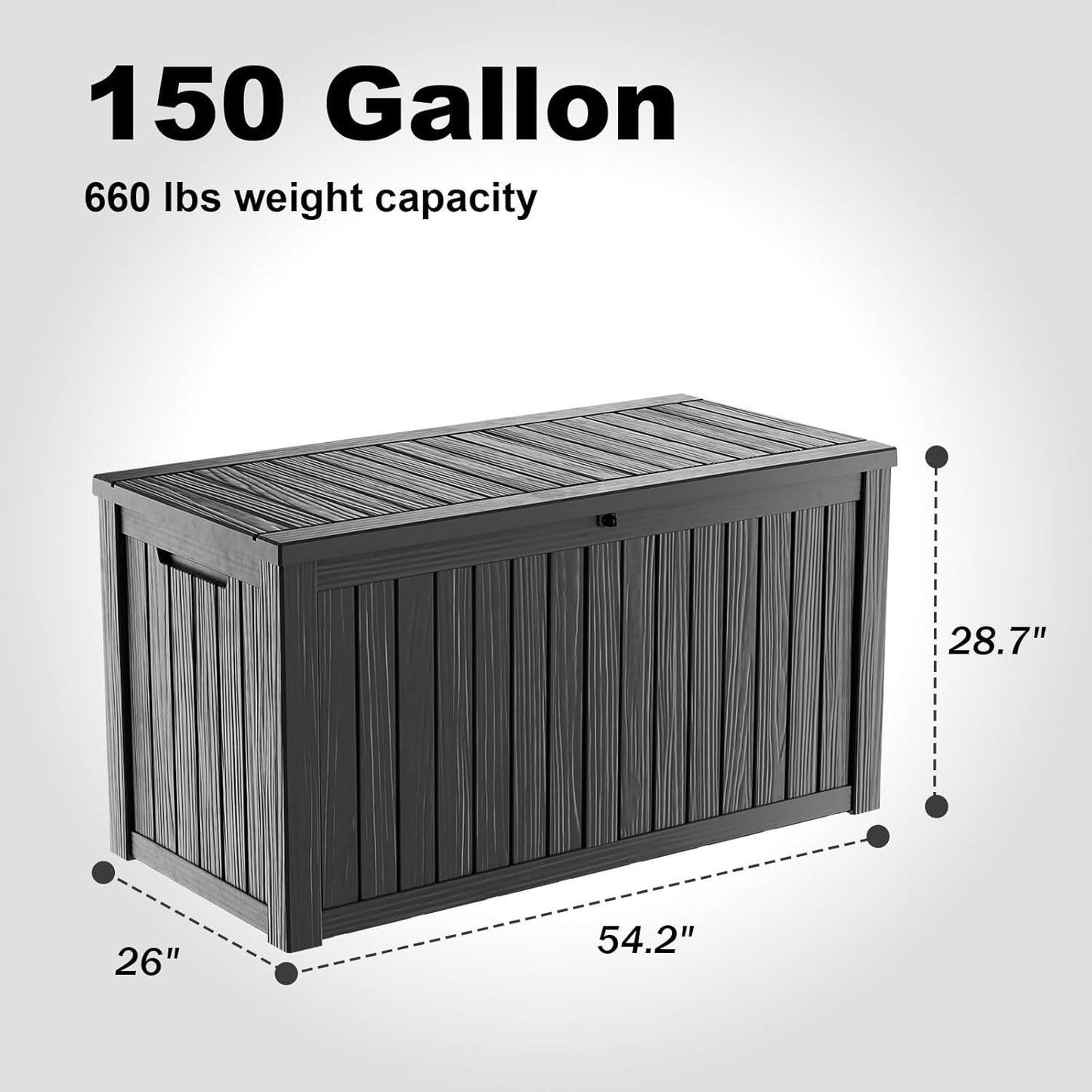150 Gallon Outdoor Deck Box,Storage Lockable Waterproof Patio Furniture,Garden Tools,Cushions,Pool Accessories Outside Storage Resin Box(Black)