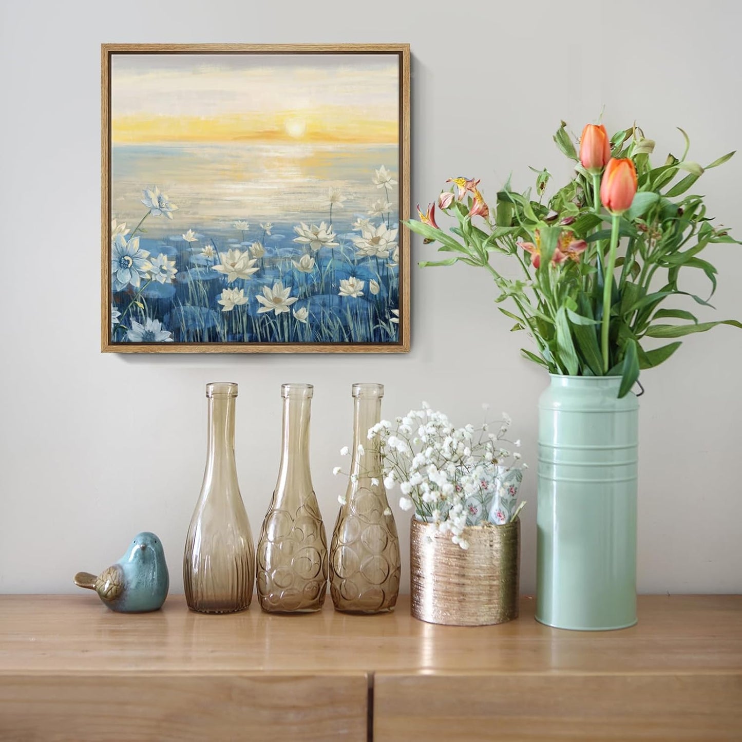 Bathroom Decor Wall Art-Framed Canvas Wall Art Modern Beach Coastal Floral Sunset Boho Ocean Artwork Blue Yellow Lotus Flower Zen Wall Picture for Bedroom Kitchen Office Small