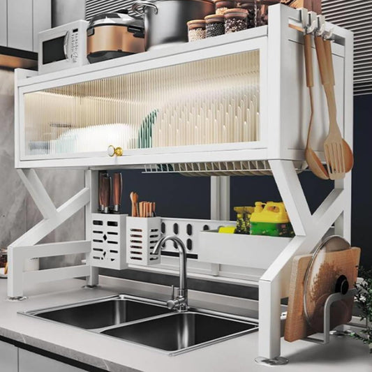Kitchen sink rack dishwashing sink countertop dustproof cupboard storage multifunctional tableware storage drain rack double layer,KeepKitchen Sink Shlef Organized Space-Saving(White,85cm/33.5in)
