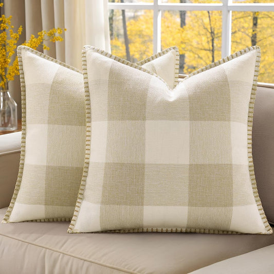 decorUhome Buffalo Plaid Check Fall Throw Pillow Covers 16x16 Set of 2, Outdoor Decorative Farmhouse Pillow Covers with Stitched Edge for Bed Couch Sofa, Cream White and Beige