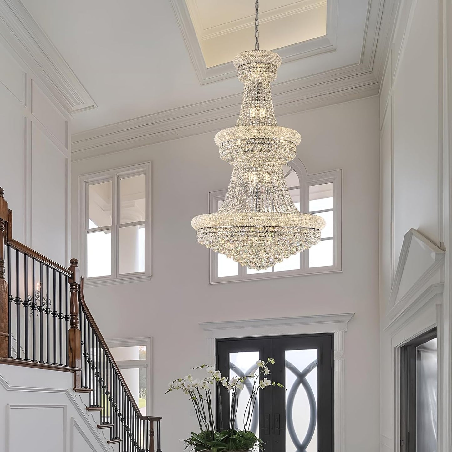 31 - Light Large Empire Crystal Chandelier for High Ceiling Foyer Entryway Staircase Living Room Dining Room Chrome Finish