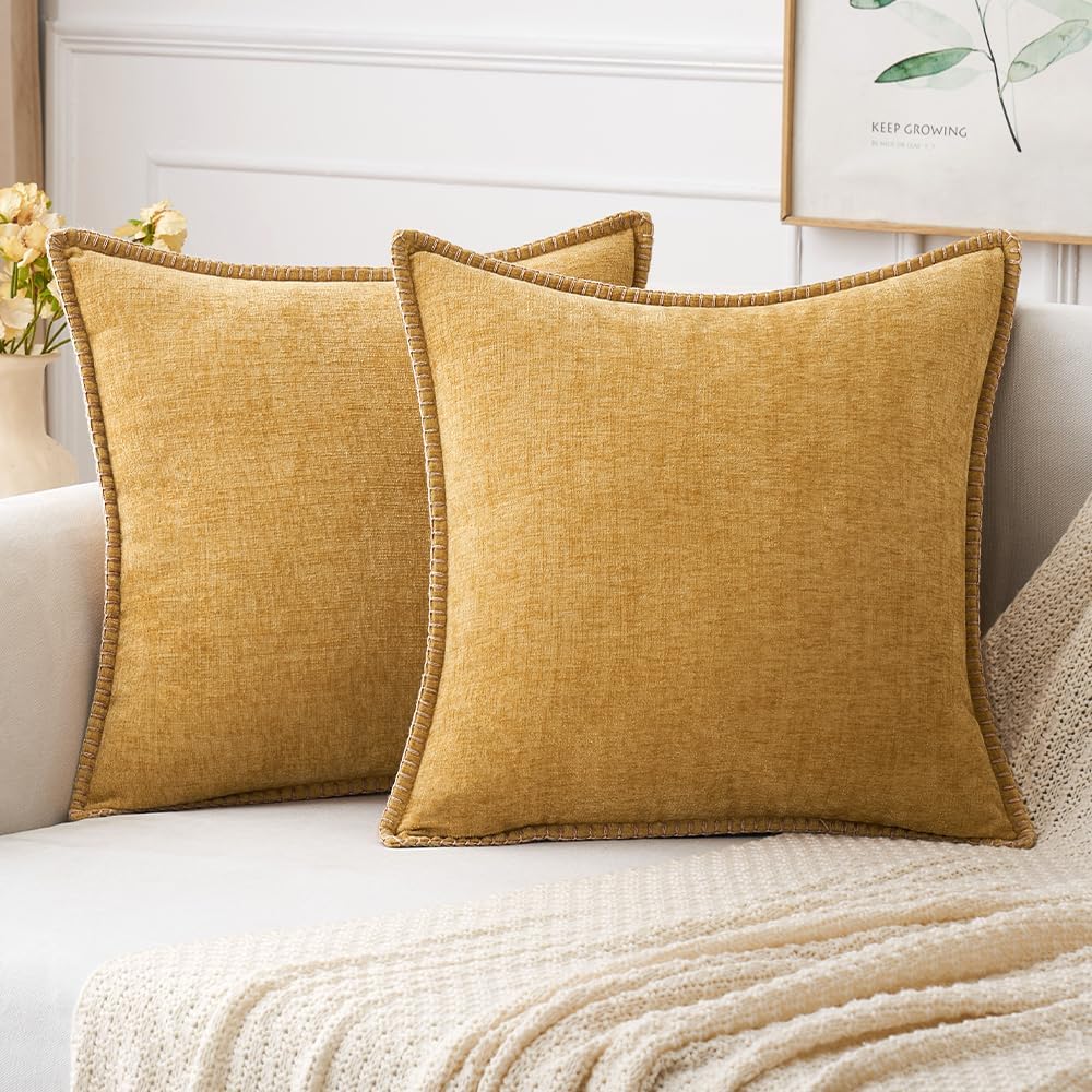 MIULEE Pack of 2 Couch Throw Pillow Covers 18x18 Inch Gold Farmhouse Decorative Pillow Covers with Stitched Edge Soft Chenille Solid Dyed Fall Pillow Covers for Sofa Bed Living Room