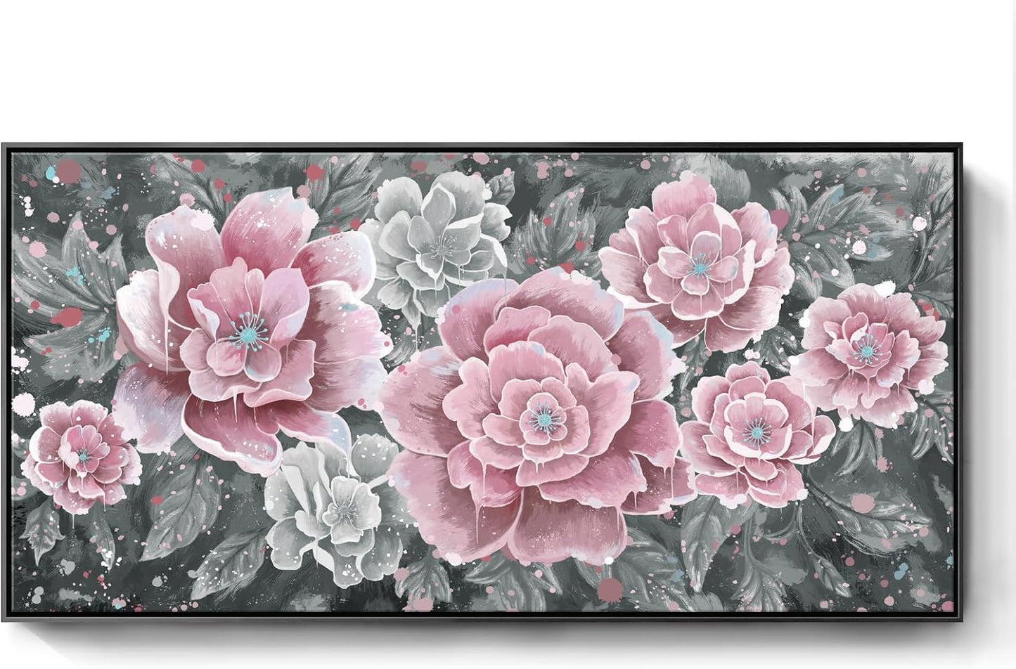 Large Pink Wall Art for Living Room- Pink and Black Peony Floral Canvas Wall Art Modern Framed Moody Black and White Wall Picture Flower Artwork Decor for Bedroom Dining Room Office 48x24