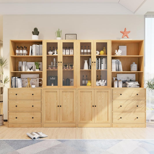 TUSY 71" Bookshelf Bookcase, 3-Tier Modern Bookshelves 3 Large Drawer, Wood Filing Cabinet with Open Storage Shelf, Glass Doors 5-Tier Fixed Storage Shelves for Home Office (Wood)