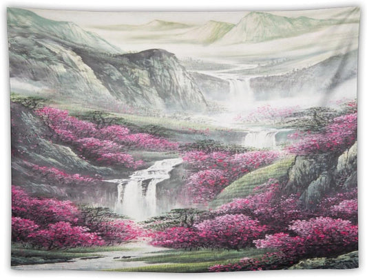 Japanese Tapestry, Red Plum Blossom Mountain Tapestry, Asian Japanese Wall Tapestry, Nature Landscape Tapestries for Bedroom Living Room Decor 60"x40"