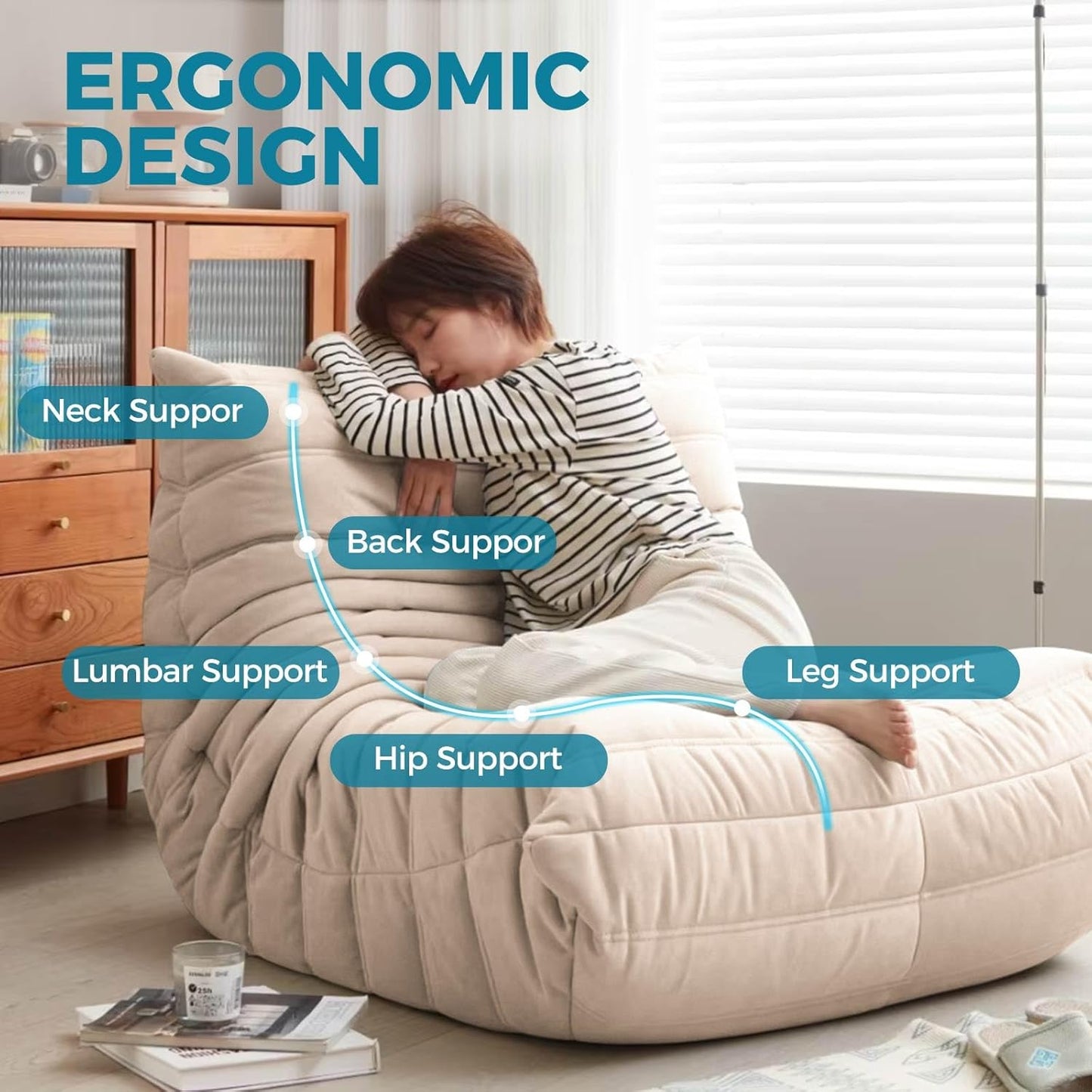 Modern Living Room Chair, Big Bean Bag Adult Floor Sofa, Togo Recliner Memory Foam Lazy Couch Suitable Balcony for Fireside Chair (Apricot Color)