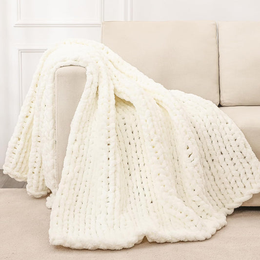 Bigacogo Chunky Knit Throw Blanket for Couch, 40x80 inches, 100% Hand Knitted with Thick Jumbo Chenille Yarn, Cozy Soft Large Rope Knot Cable Crochet Blankets for Sofa Bed Living Room, Ivory