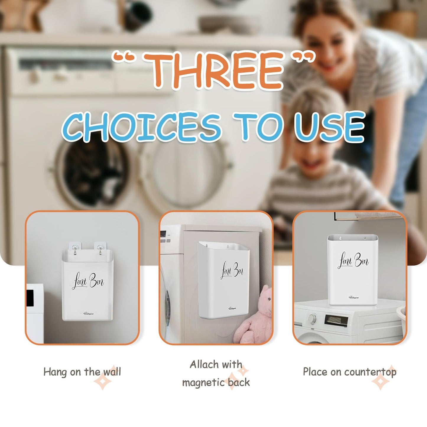 Sealegend Magnetic Lint Bin for Laundry Room with Dryer Lint Brush, Wall Mounted Trash Can Space-Saving Laundry Organization and Storage, White