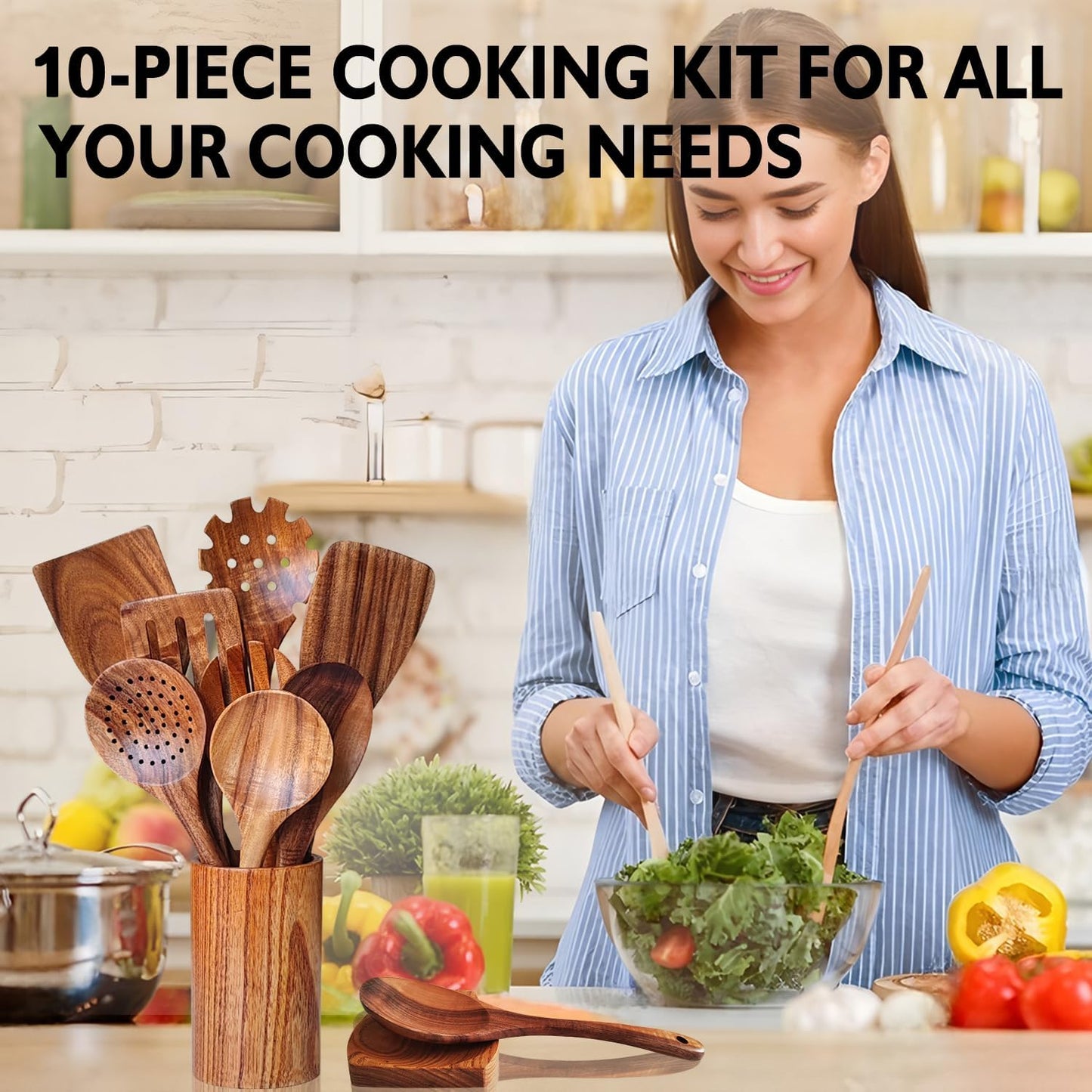 Wooden Spoons for Cooking 10 Pieces Set, Teak Kitchen Utensils Spatula, Wooden Cooking Utensils Spoons, with Spoon Rest, Strainer Spoon, Pasta server, Fried Spatula and Salad Fork, Utensil Holder