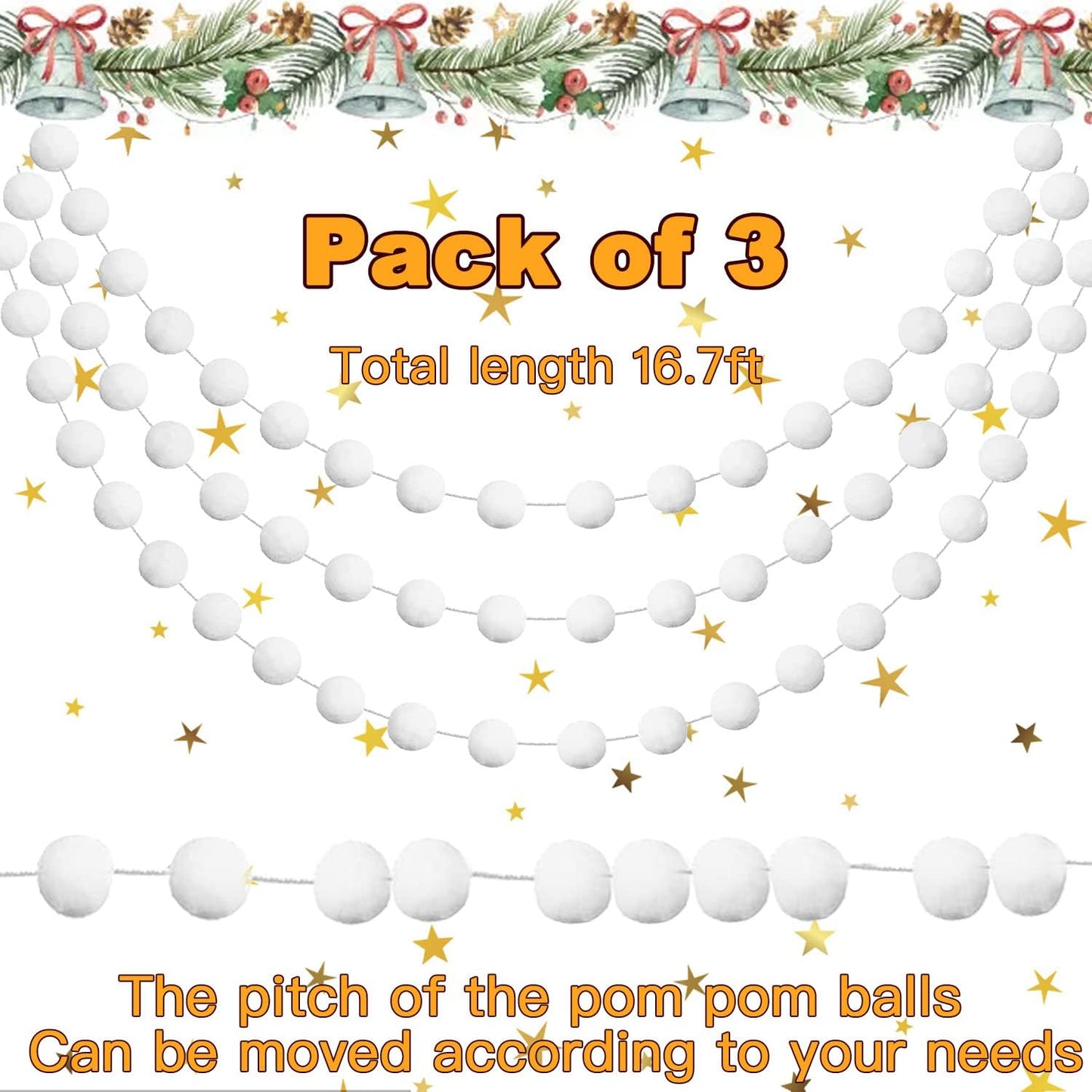 Jishi 3pk White Felt Pom Pom Garland Christmas Tree Decorations Indoor Home Decor, Cute Winter Wonderland Snow Ball Ornaments, Hanging String Pompom Snowball Beads, Xmas Holiday Birthday Party Banners