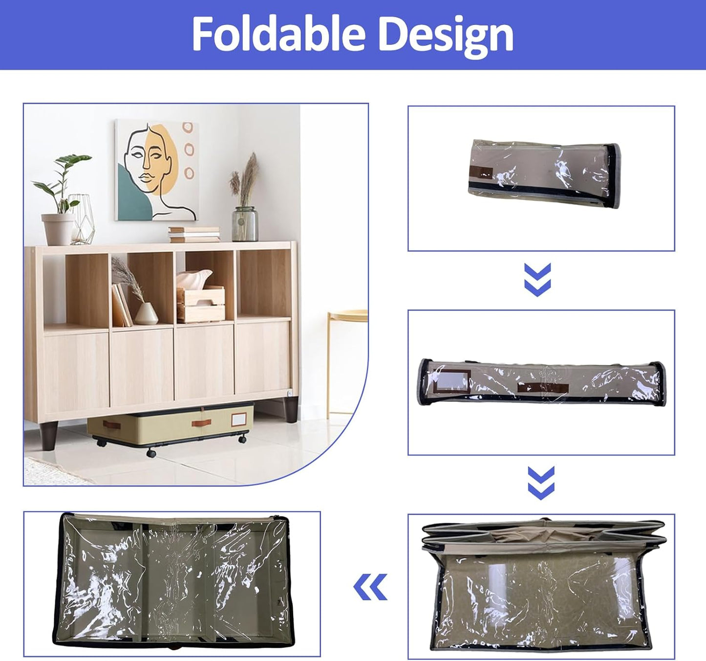 IUI Under Bed Storage with Wheels & Lid, 50L Large Capacity Underbed Storage Containers, Versatile Under The Bed Shoe Storage for Clothes, Books, Toys, 2 Pack, Ivory White