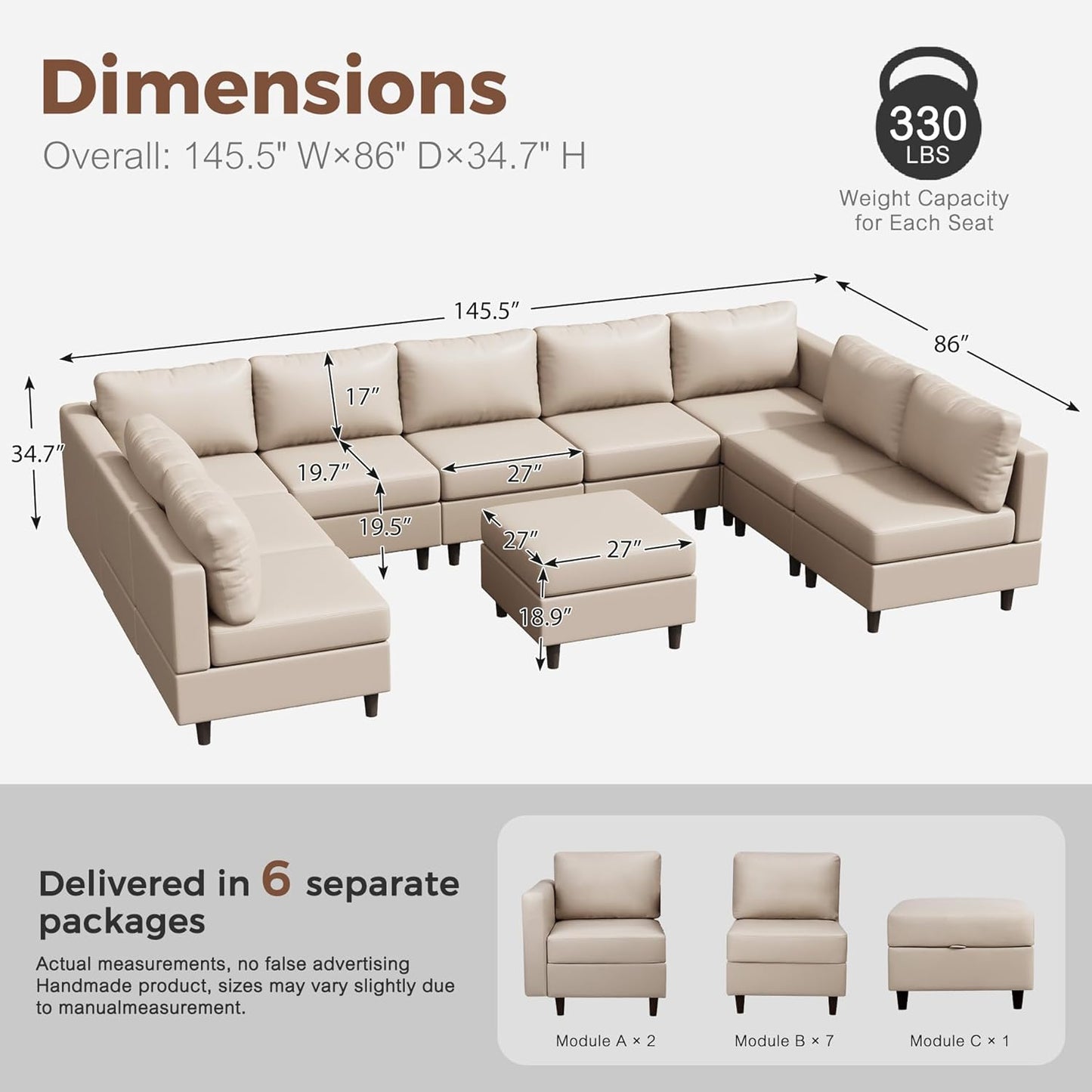 ABCASA Oversized 145.5" Faux Leather Modular Sectional Sofa, Modern Large 10 Seater U Shaped Couch with Storage Seat with Reversible Chaise Deep Seat for Living Room DIY Combination - Whitesand