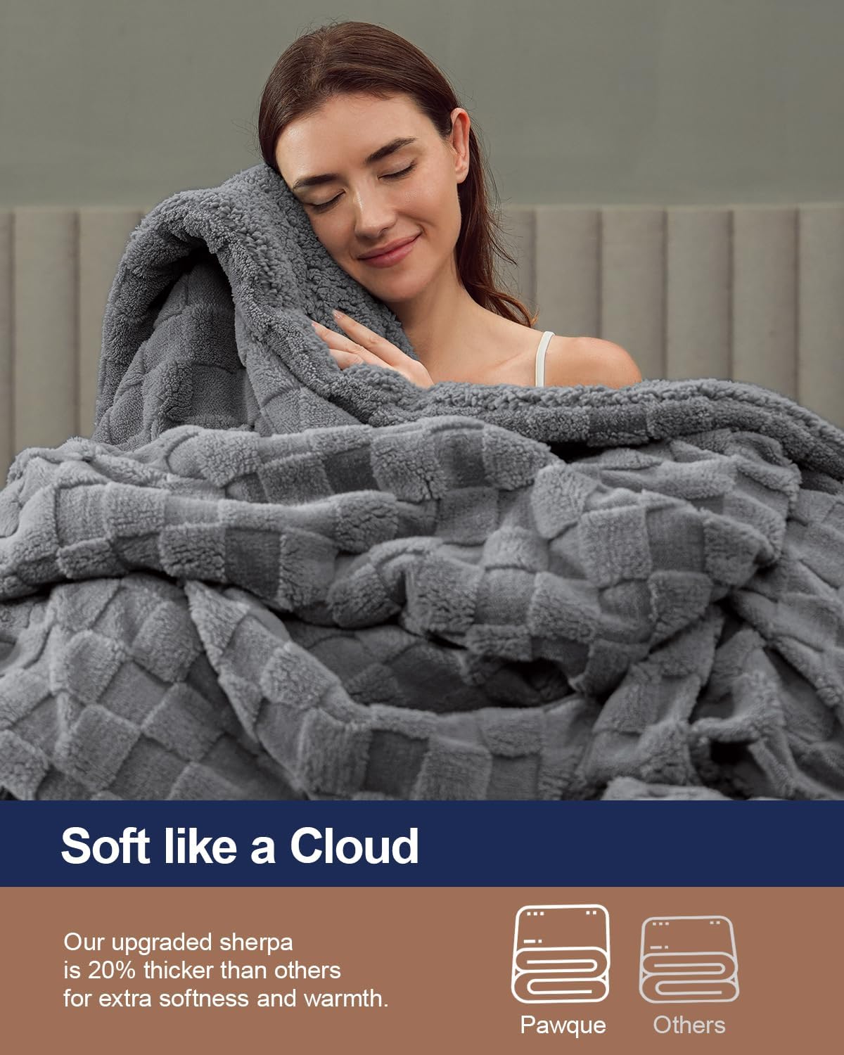 Pawque Super Soft Cozy Throw Blanket for Couch Sofa Bed - Fluffy Sherpa Fleece Reversible Thick Warm Fuzzy Blanket for All-Season, 3D Checkered Jacquard Elegant Decorative Blankets, Grey, 50" x 60"