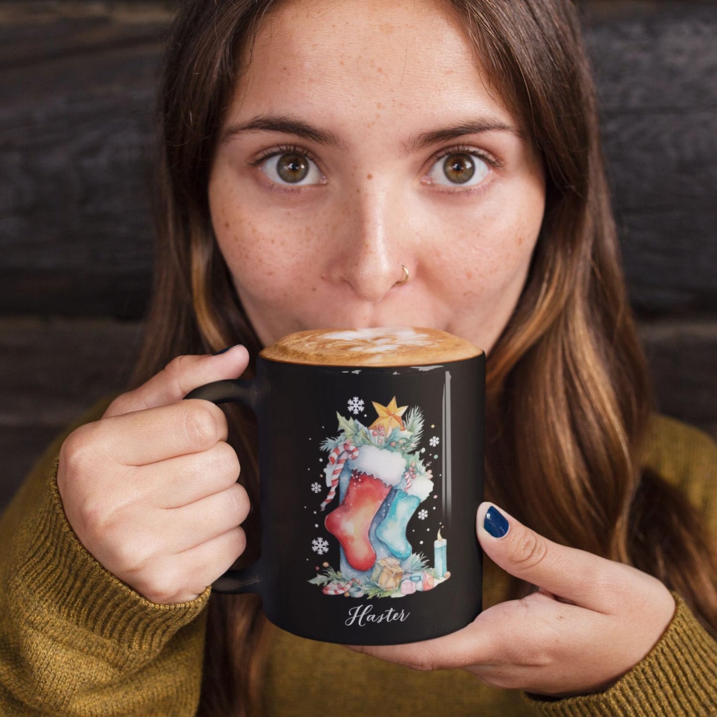 Custom Funny Christmas Cup, Christmas Sock With Gifts And Candle Design Mug, Customized Name Christmas Black Cup 11oz 15oz, Personalized Coffee Mug For Christmas, Christmas Sock Detailed Cup