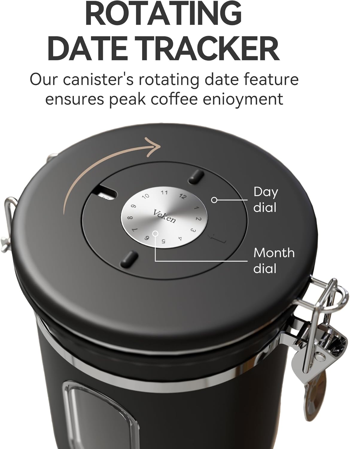 Veken Coffee Canister with Window, Airtight Stainless Steel Kitchen Food Storage Container with Date Tracker and Scoop for Grounds Coffee, Beans, Tea, Flour, Cereal, Sugar, 22&16OZ,Black