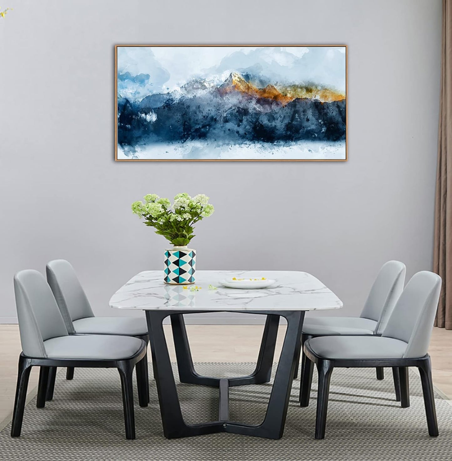 Framed Canvas Wall Art Indigo Abstract Mountain Pictures Wall Decor Blue Grey Orange Mountain Peaks Canvas Painting Prints Modern Abstract Artwork for Living Room Bedroom Decoration 24" x 48"