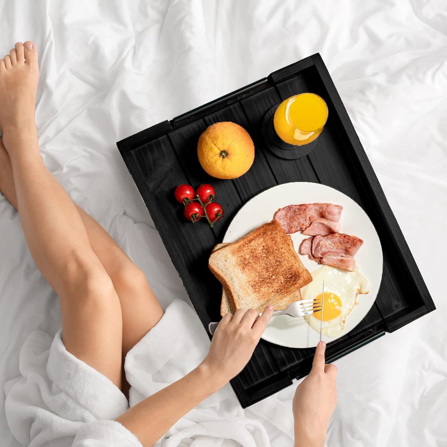 Ottoman Serving Tray | Decorative Coffee Table Tray with Handles – 17x13 Inch Wooden Tray with 4 Coasters for Breakfast, Kitchen & Bar