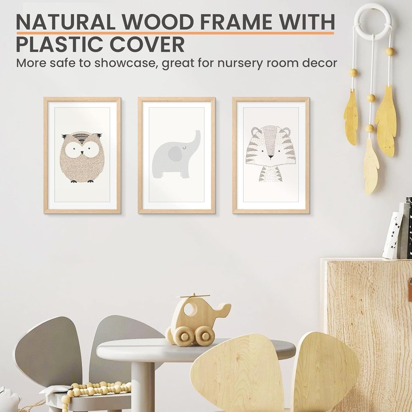 upsimples 11x17 Picture Frame, Natural Solid Wood Picture Frames, Display 9x15 with Mat or 11 x 17 Without, Vertical or Horizontal Wall Hanging, 1 Pack, Natural