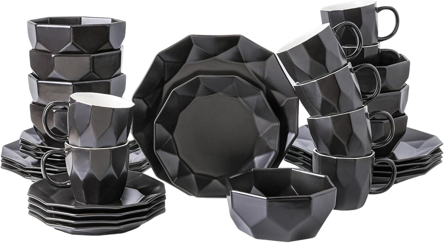 Stone + Lain Jamie Porcelain 32-Piece Geometric Dinnerware Set, Black