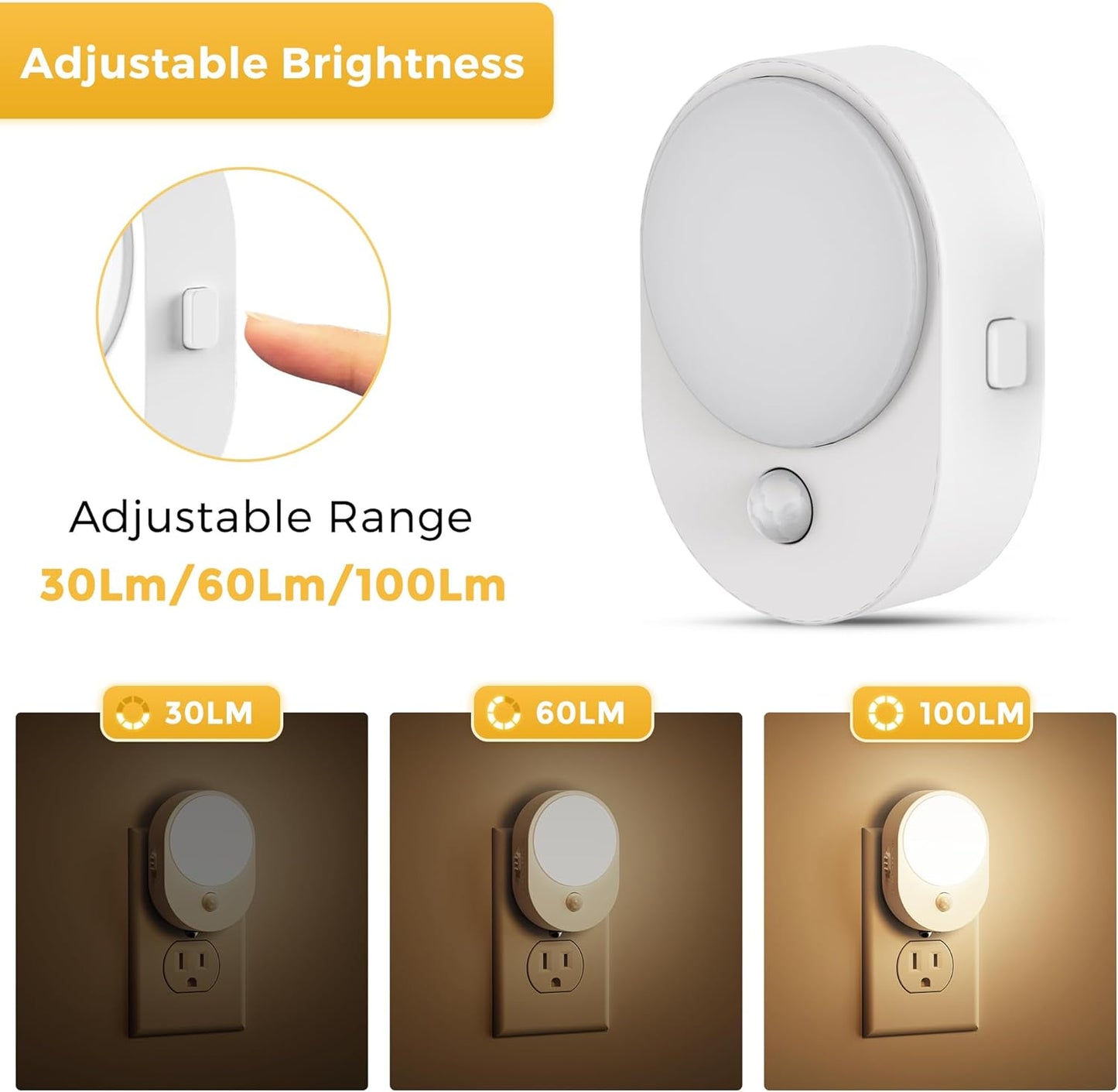 L LOHAS LED Plug in Night Light with Motion Sensor and Dusk to Dawn Sensor,[4-PACK] Night Lights Plug into Wall,3000K Soft White,30/60/100LM Dimmable Nightlight for Bathroom Hallway Kitchen