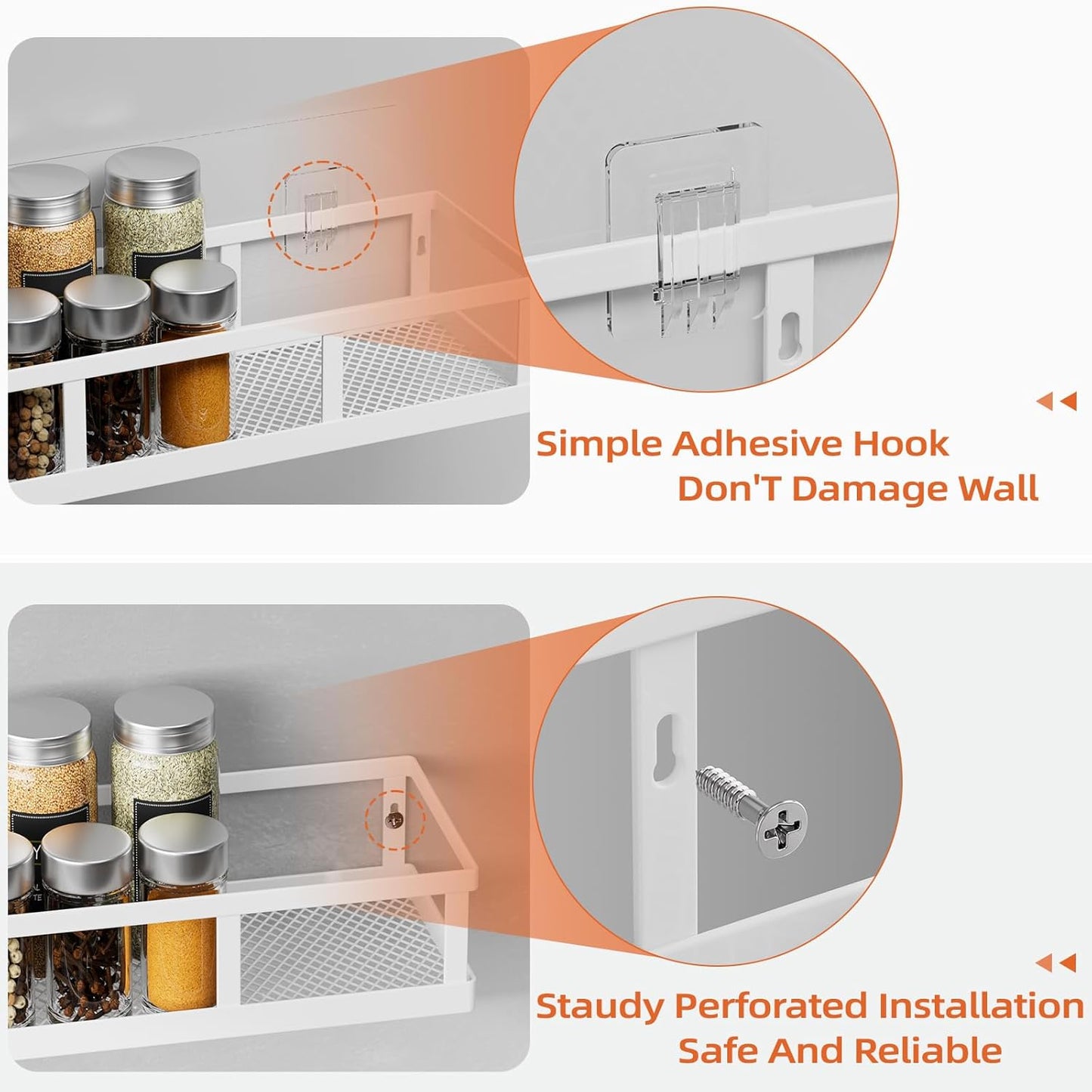 Over The Door Pantry Organizer, 8 Pack Spice Rack Wall Mounted & Hanging Storage Baskets Organizer Wall Mount, Large Capacity Metal Spice Shelf for Kitchen Cabinet, Bathroom, Shower, Home Decor