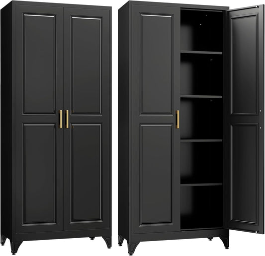 Kitchen Pantry Cabinet,75”Black Metal Storage Cabinets with Doors and 4 Adjustable Shelves,Kitchen Cabinet with 2 Gold Handles,Tall Cabinet for Livingroom, Bathroom