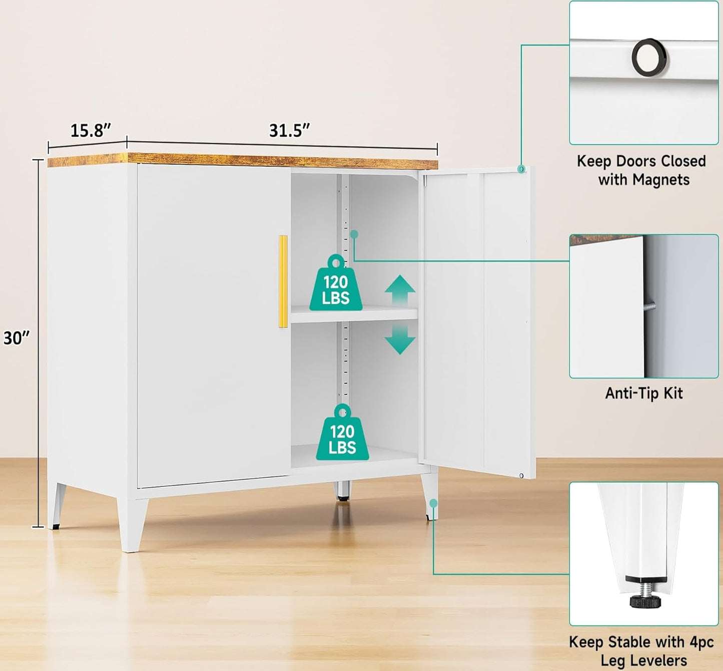 SISESOL White Storage Cabinet with Doors and Shelves,30 inch Small Pantry Cabinet Sideboard with Leg,Accent Cabinets with Storage,Side Floor Cabinets for Home,Kitchen,Coffee Bar,Dining/Living Room