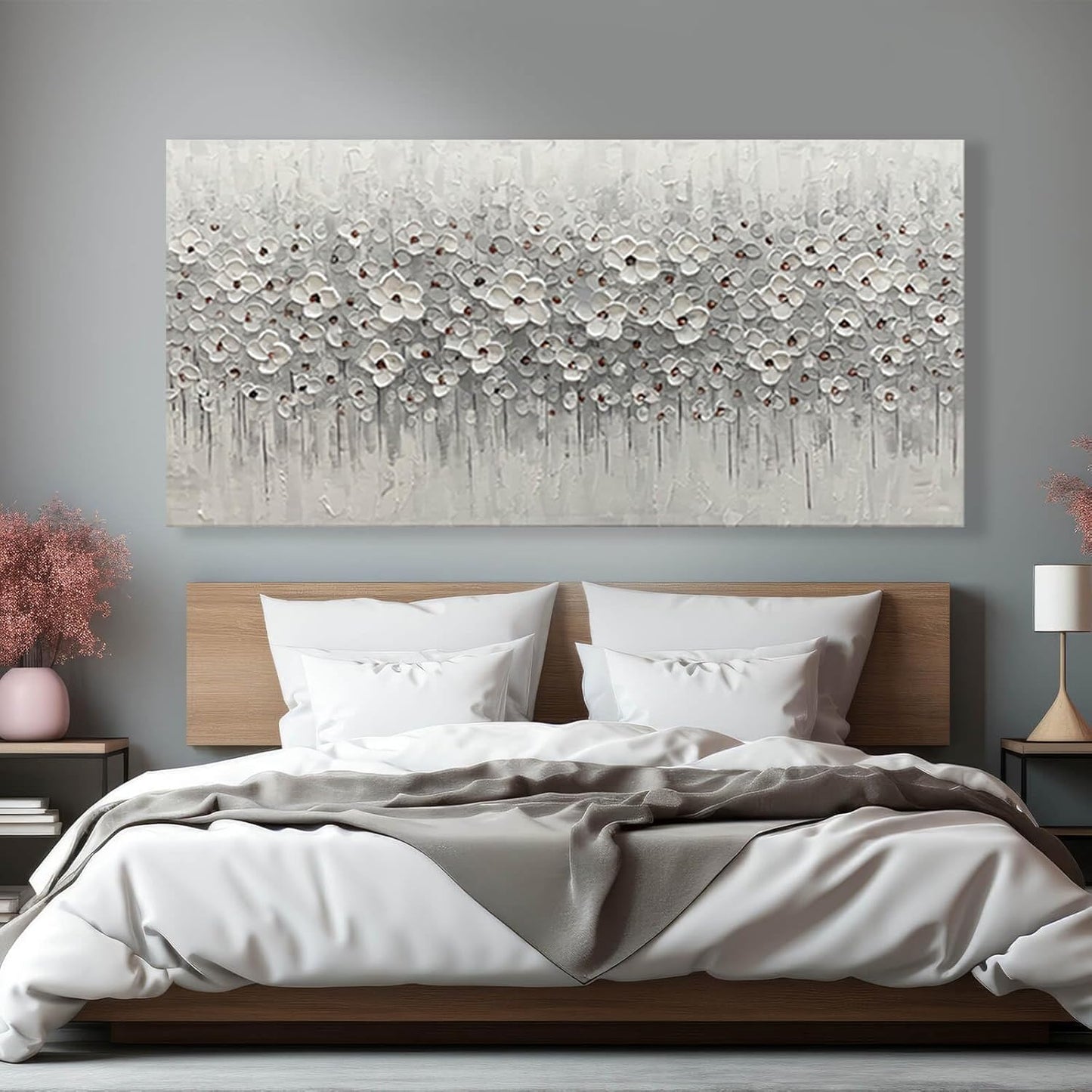 Large Canvas Wall Art for Living Room White Flowers Picture Hand-Painted Oil Painting Framed Artwork Modern Gallery Plant Decor Wall Decorations for Bedroom Bathroom Size 60x30 inch Ready to Hang