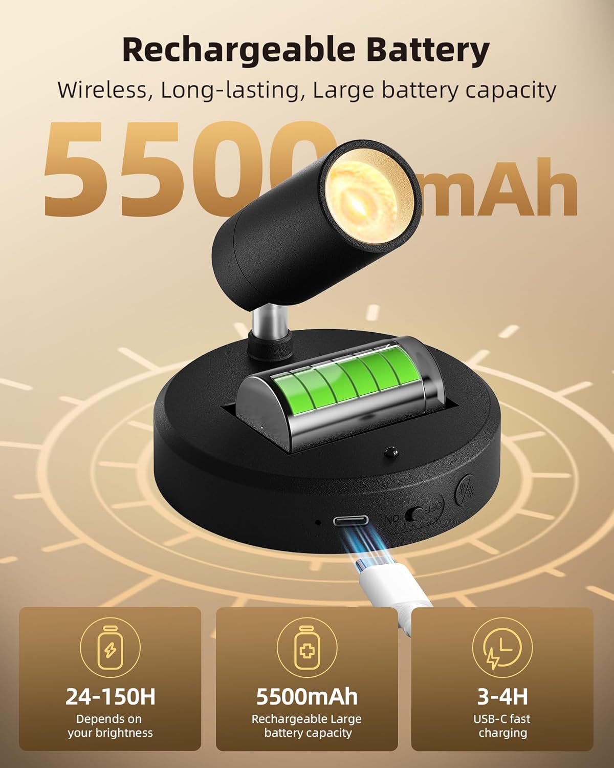 EZVALO Spotlights Indoor with Remote,5500mAh Rechargeable Picture Lights, Wireless LED Uplighting with Timer＆Dimmable, 3CCT,Mini Plant Spot Lights for Painting,Artwork,Accent Lighting(4Pack-Black)