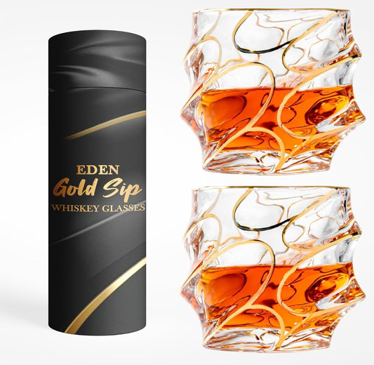 EdensDECOR Whiskey Glasses Gift Set (24k Gold Plated) Luxury Gift For Men, Bourbon, Scotch, Dad, Husbands