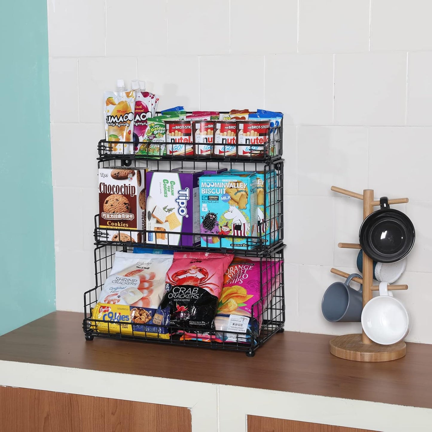 X-cosrack Stackable Wire Basket 3 Tier Countertop& Wall Mounted Metal Storage Basket for Kitchen Pantry Cabinet, Muti-functional Open Front Bin Organizer for Food Fruit Snack, Black