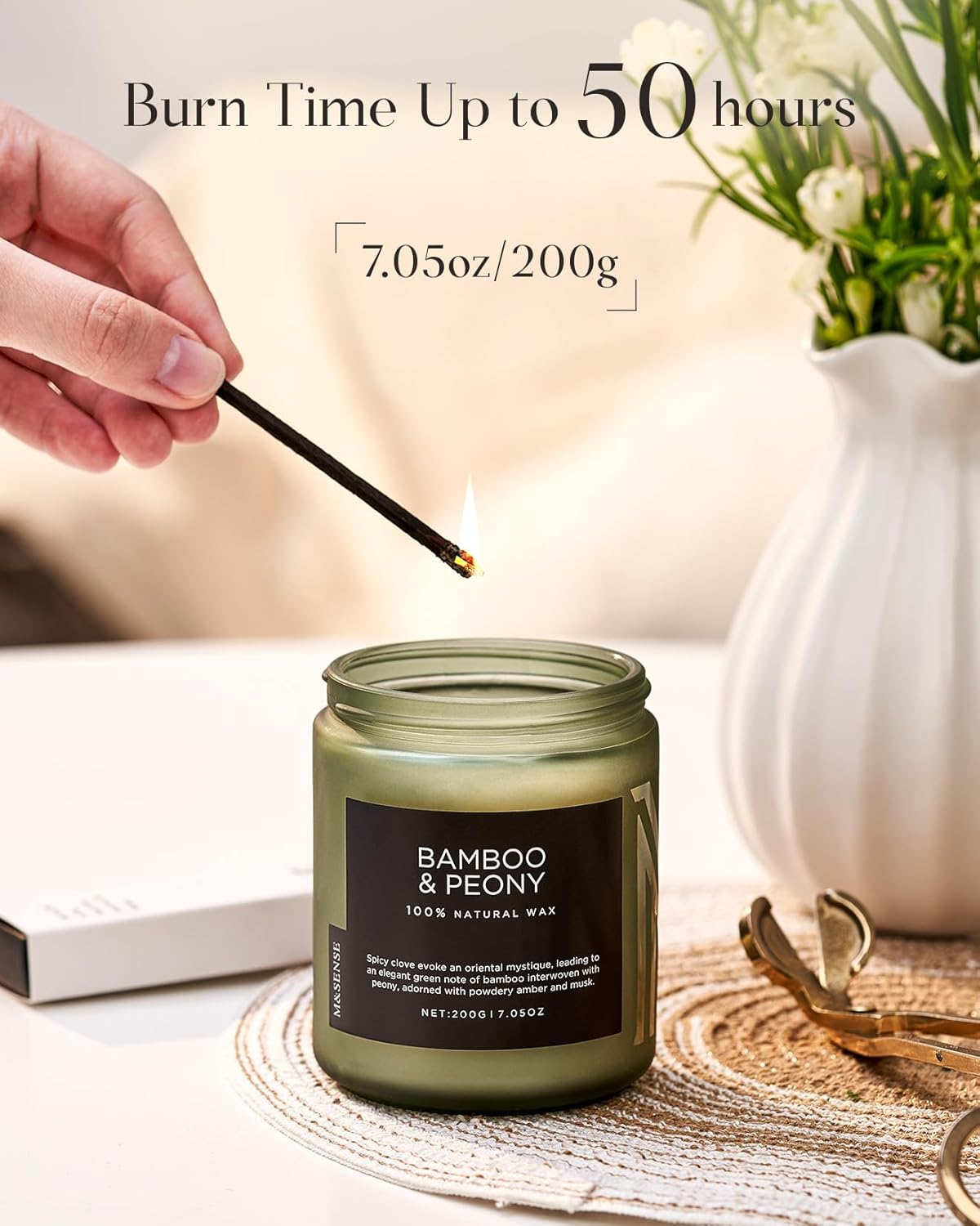 M&SENSE Bamboo Peony Spring Jar Candles for Home Scented Natural Organic Soy Candle Gifts for Women, 7.05oz 50 Hour Hours Burn Fresh Smelling Aromatherapy Gifts for Stress Relief
