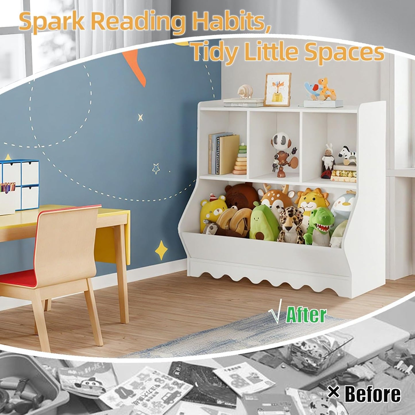 Wood Kid Storage Cubby, Toy Storage Organizer with Bookshelf, 32"L x 15"D x 31"H Montessori Toy Shelf, Nursery Book Shelves, Wooden 4-Cubby Children Book Shelf for Playroom Classroom, White