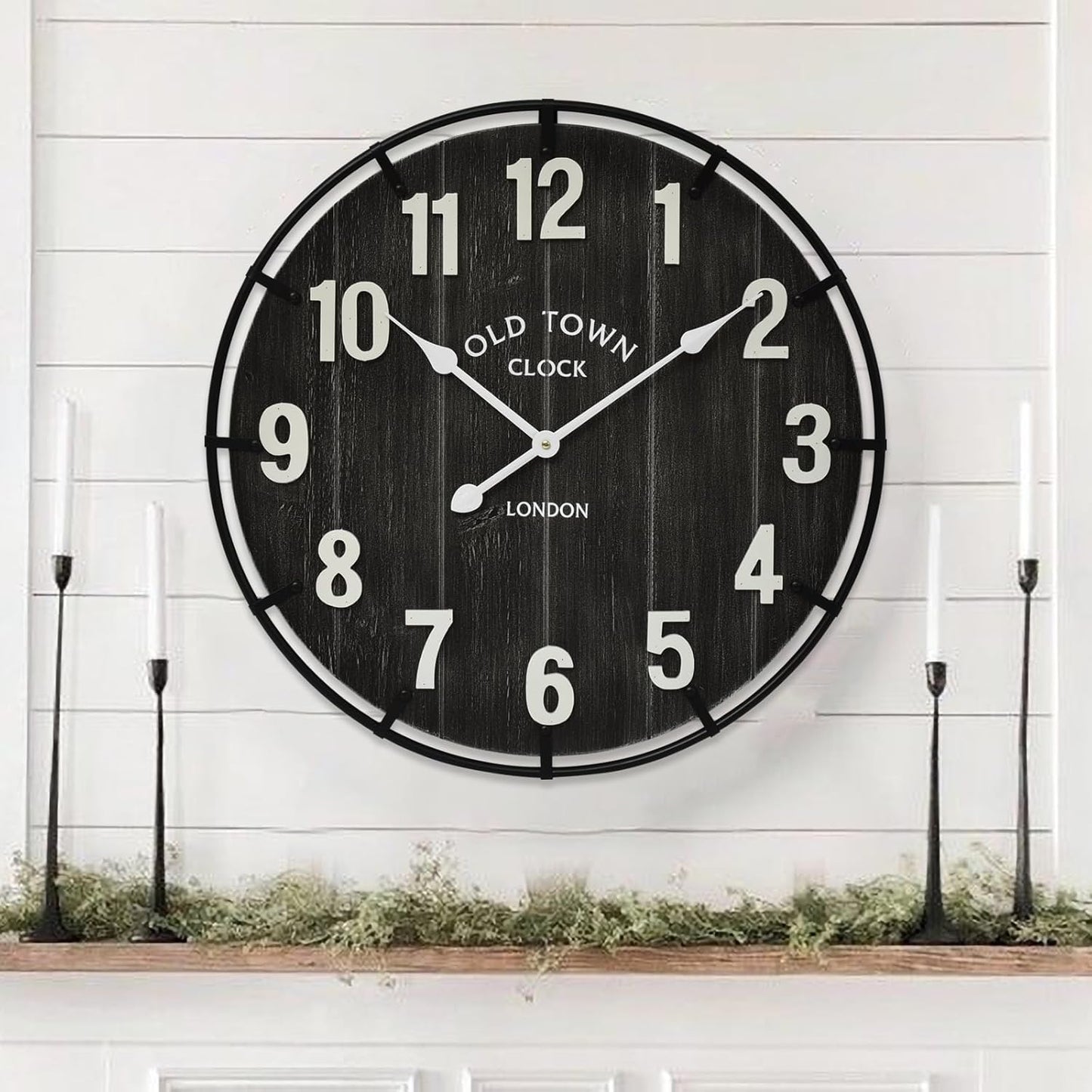 Large Old Town Farmhouse Wall Clock – 24 Inches Rustic Antique Wood with Metal Circle and Large Numerals, Silent Battery Operated Clock for Office, Kitchen, Bedroom, Living Room (Black)