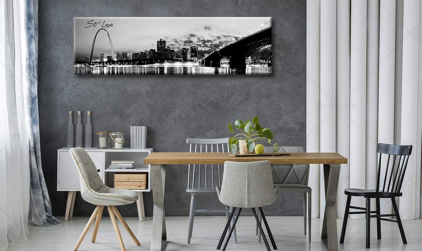 DJSYLIFE Panoramic St. Louis Skyline Wall Art Cityscape Picture Black and White Canvas Print Night View Urban Landscape Modern Artwork Office Bedroom Decor Framed and Ready to Hang 13.8"x47.3"