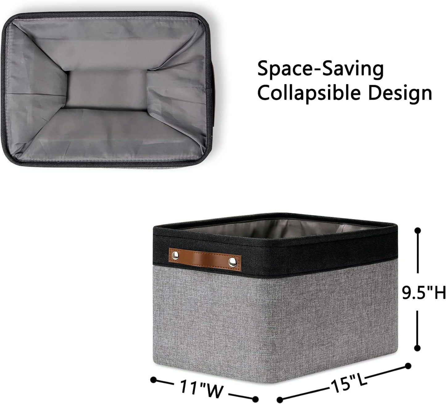 DULLEMELO Canvas Storage Bin with Handles, Fabric Bins for Shelves, Bedroom, Office,Nursery,Fabric Storage Baskets for Toys, Clothes,Gift(Black&Grey,15"x11"x9.5",4-Pack)